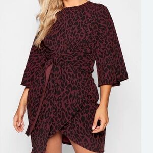 Boohoo Plus Leopard Kimono Tie Waist Wrap Dress – Size 14